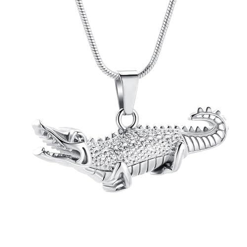 Oinsi Crocodile Cremation Jewelry For Ashes For Pet Stainless Steel Aligator Memorial Urn pendant Necklace For Men Keepsake Jewelry Gifts Silver