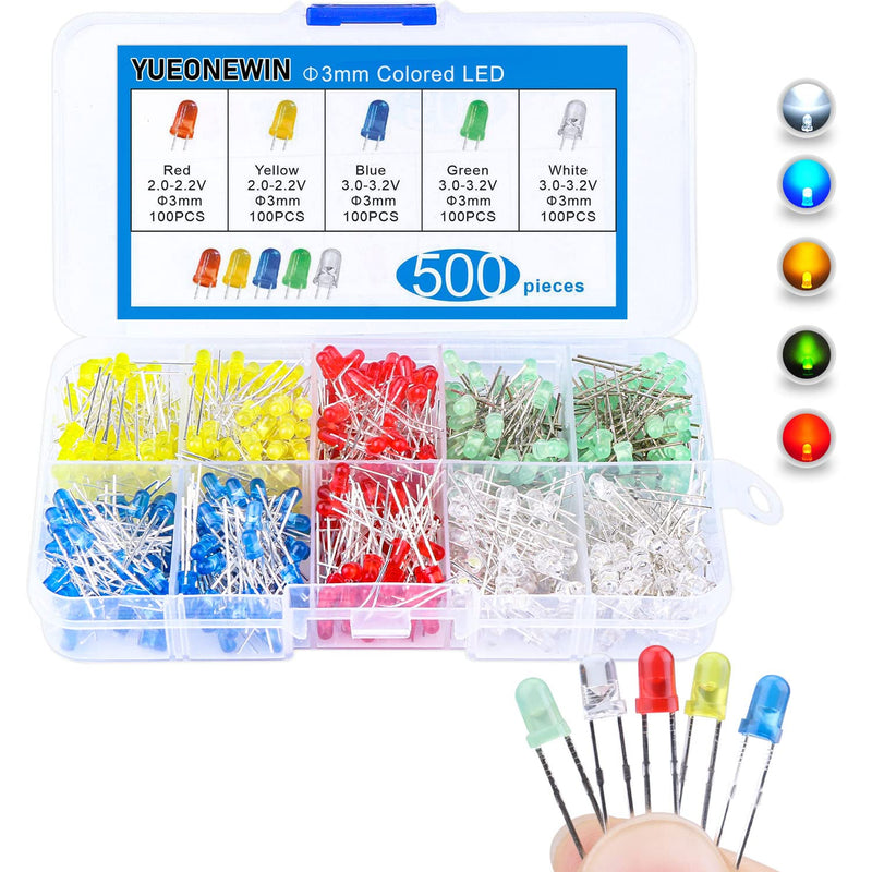 [Australia - AusPower] - 500Pcs 3mm LED Diodes Assortment Kit Round Diffused Led Light Emitting Diode Circuit LED Assorted Set for Arduino, Electronics PCB DIY, Raspberry Pi (White/Red/Yellow/Blue/Green) 