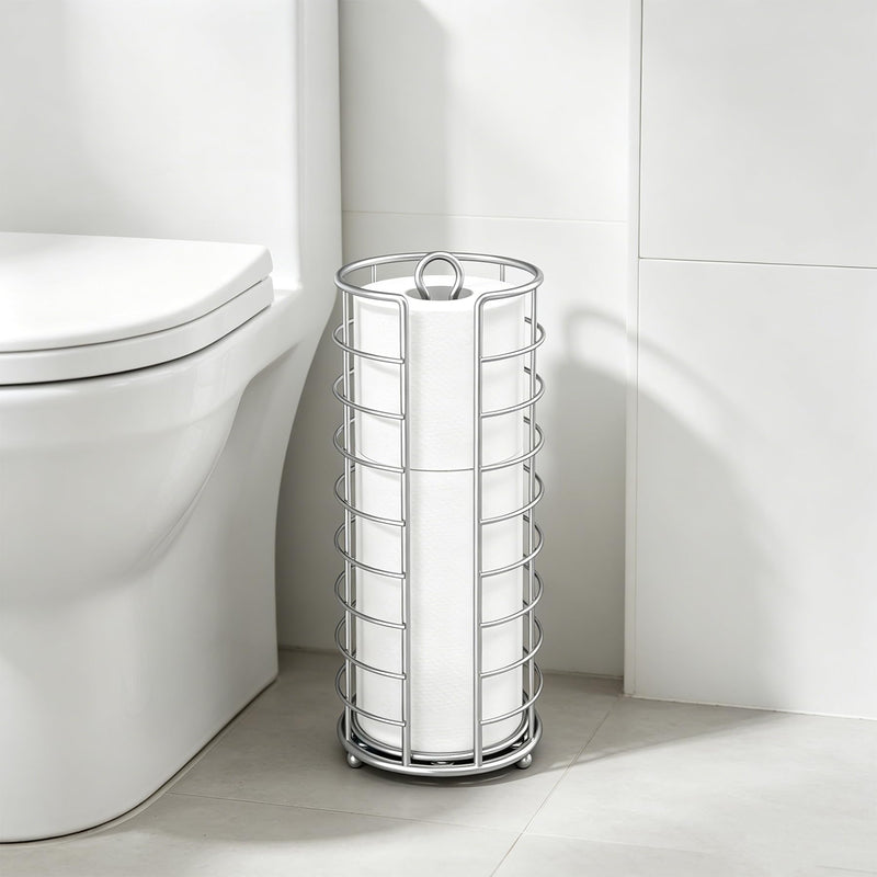 Toilet Paper Holder Stand, Freestanding Bathroom Toilet Paper Organizer, 3 Mega Roll Toilet Paper Holder for Under Sink, Vanity, Cabinet Shelf (Silver) Silver