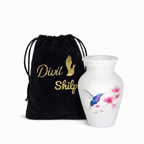 Small Keepsake Cremation Urn with Velvet Case | Choose from Unique Colors | Lovely Sharing Mini Metal Token for Human Ashes or Pet. (Keepsake, Hummingbird White)