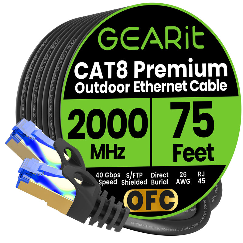 GEARit Cat8 RJ45 (75FT) Shielded Cable, 26AWG, 40Gbps 2000Mhz SFTP Patch Cord, Heavy Duty High Speed Cat8 LAN Network Ethernet Wire, in Wall, Outdoor, Weatherproof Rated for Router, Modem, Gaming Round Cable - Cat 8 Black 75 Feet