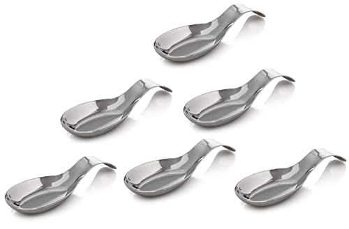 Premium Grade Stainless Steel Spoon Rest with long handle, for Kitchen Counter Cooking Utensils Rest, Holding Messy Spatula & Ladle, Holder for Stove Top, Dishwasher Safe - Pack of 6
