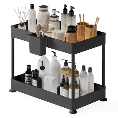 2-Tier Under Sink Organizer, Black, Plastic, Non-Slip Rubber Legs, Hanging Hooks, Drain Holes, Quick-Access Caddy Standard - 1 Pack