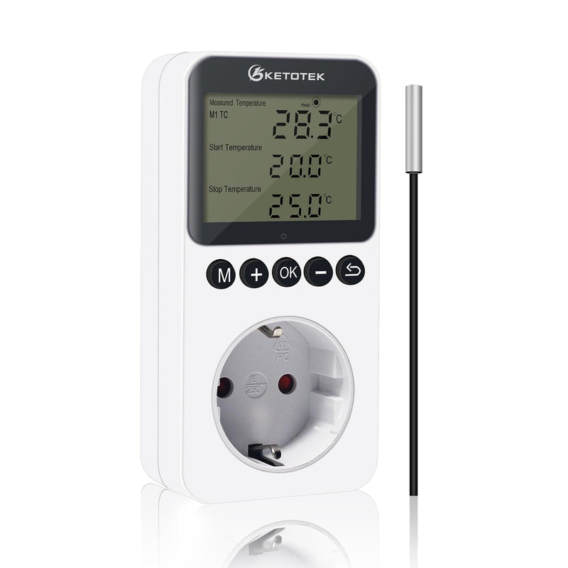 KETOTEK Digital Thermostat Socket Day Night Temperature Controller Sockets | 100-250V Heating Cooling Temperature Switch with Sensor Timer Regulator for Greenhouse Reptiles Fridge KT3200Pro