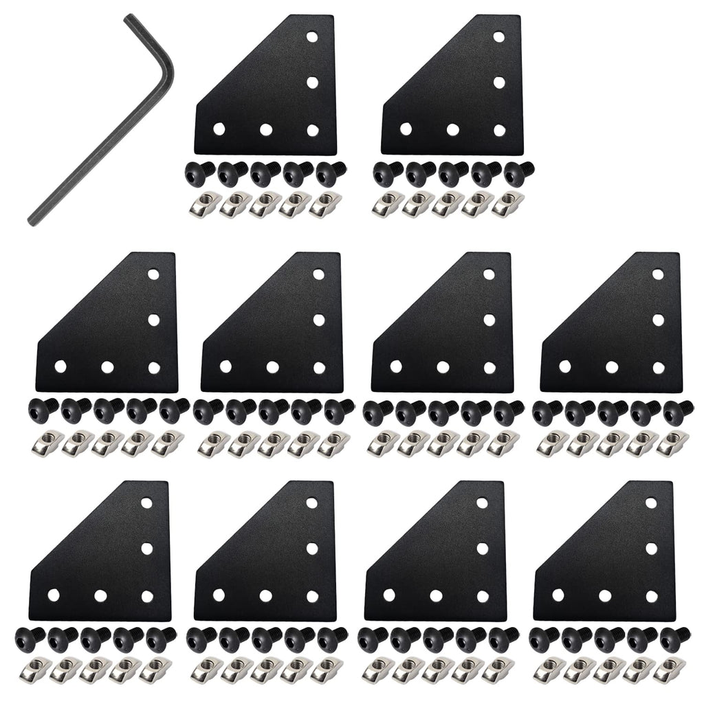 10Pcs 2020 Corner Bracket Joint Plate L Shape 5 Hole Aluminum Extrusion Connector with 50Pcs T-nuts, 50Pcs Screws and 1Pcs Wrench for 20 x 20mm Series Aluminum Extrusion Profile L Shape-Black 20mm x 20mm