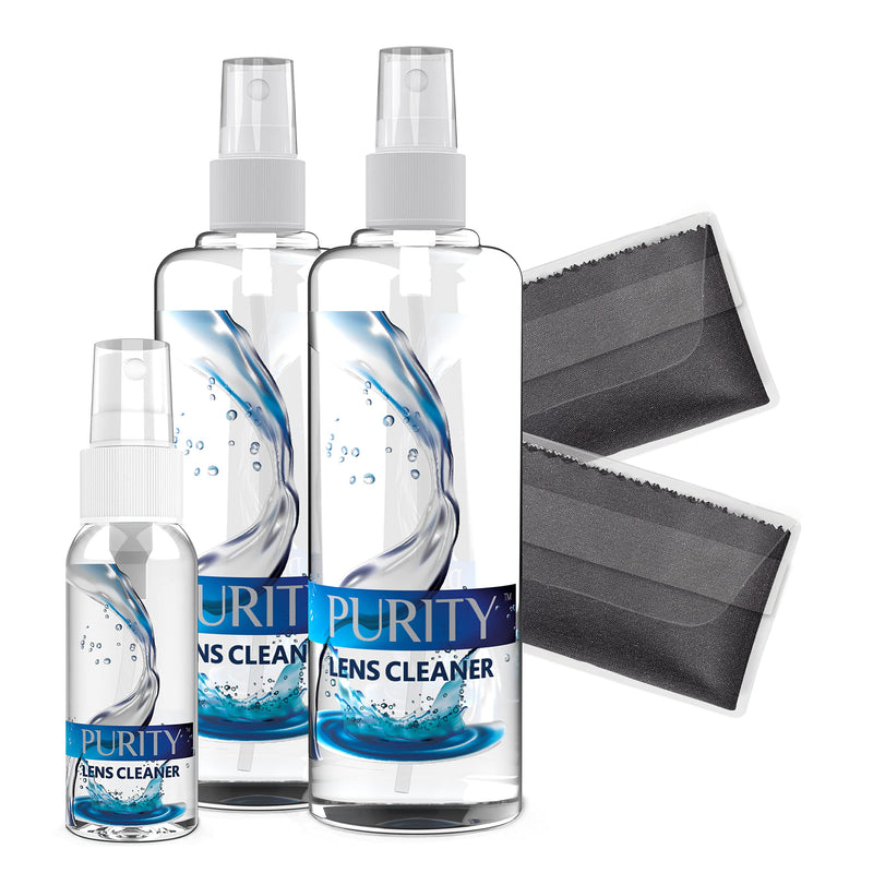 [Australia - AusPower] - Purity Eyeglass Lens Cleaner Kit - 2 x 8oz and 1 x 2oz Lens Cleaner Spray Bottle + 2 Microfiber Cleaning Cloths - Safe for All Lenses (AR Coated Included), Eyeglasses and Screens - Clear 8oz x 2oz Lens Spray + 2 Microfiber Cloth 