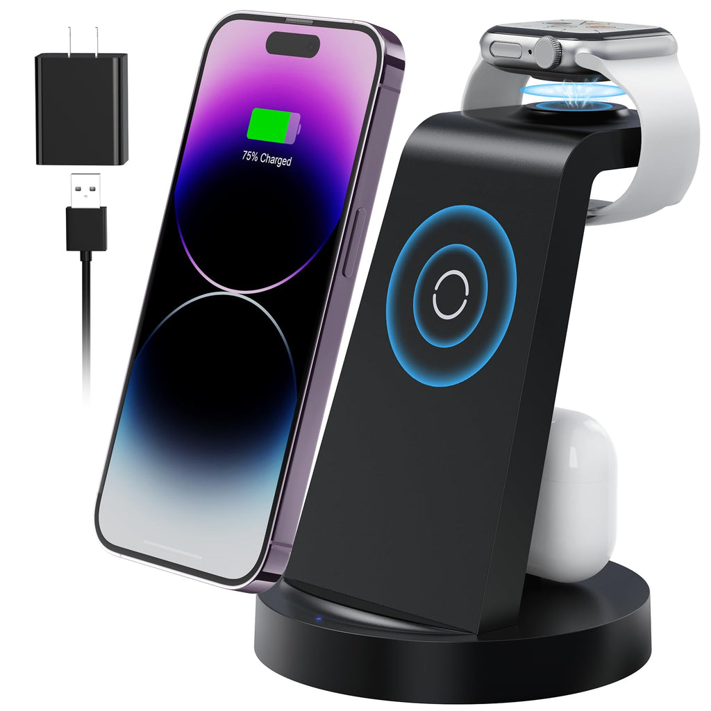 [Australia - AusPower] - 3 in 1 Charging Station for Apple Device, Wireless Charger for iPhone 15 14 13 12 11 Pro Max & Apple Watch iwacth - Charging Stand Dock for AirPods Black 