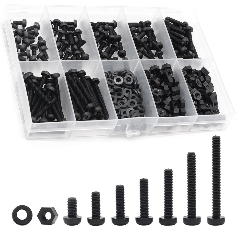 [Australia - AusPower] - QTEATAK M3 Black Nylon Plastic Pan Round Head Screws, Nut Bolts, Gasket Assortment Kit(Metric M3: 6mm 8mm 10mm 12mm 15mm 20mm 25mm) 