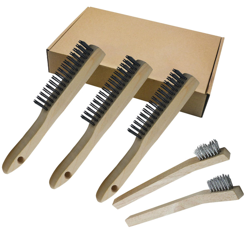 5-Piece Hand Wire Brush Set, Wire Brushes with Wooden Handle, 3 x Large Steel Brush 250 mm, 2 x Small Stainless Steel Brush 205 mm, Metal Brush Hand Wire Brush Set for Metal, Wood, Grill