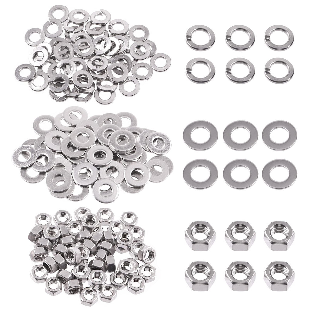 Swpeet 150Pcs Metric 304 Stainless Steel M5 Hex Nuts and M5 Flat Washers with M5 Split Lock Washers Assortment Kit, Coarse Thread Hexagon Nut for Home Automotive Shop Use M5 Hex Nuts & Washers