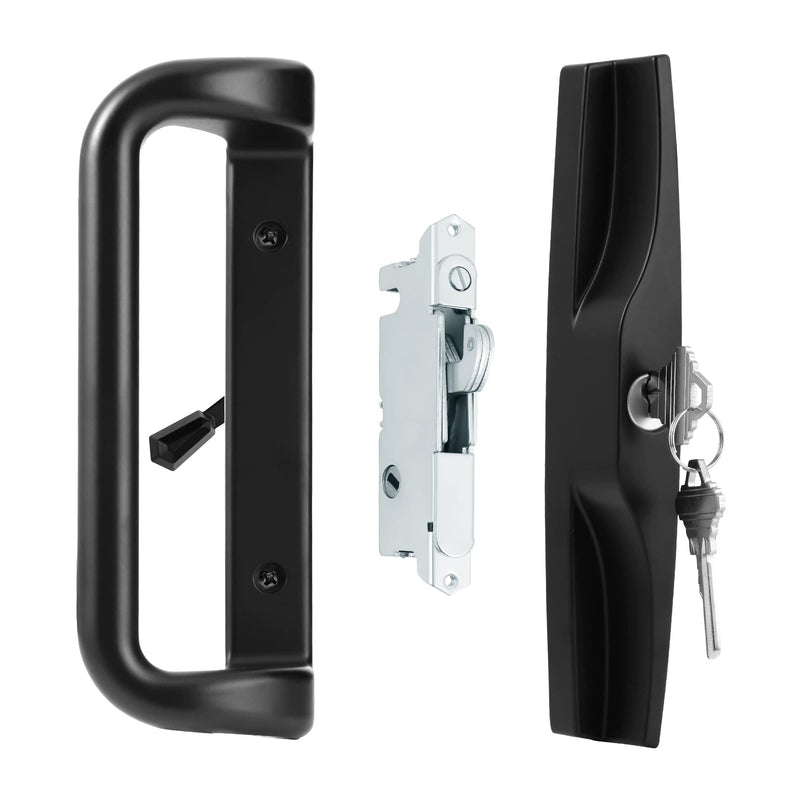 House Guard Black Sliding Glass Door Handle Set with Lock and Key | Fits 3-15/16 in screw holes; keyed mortise lock, reversible, for 1-3/16 to 2 in doors