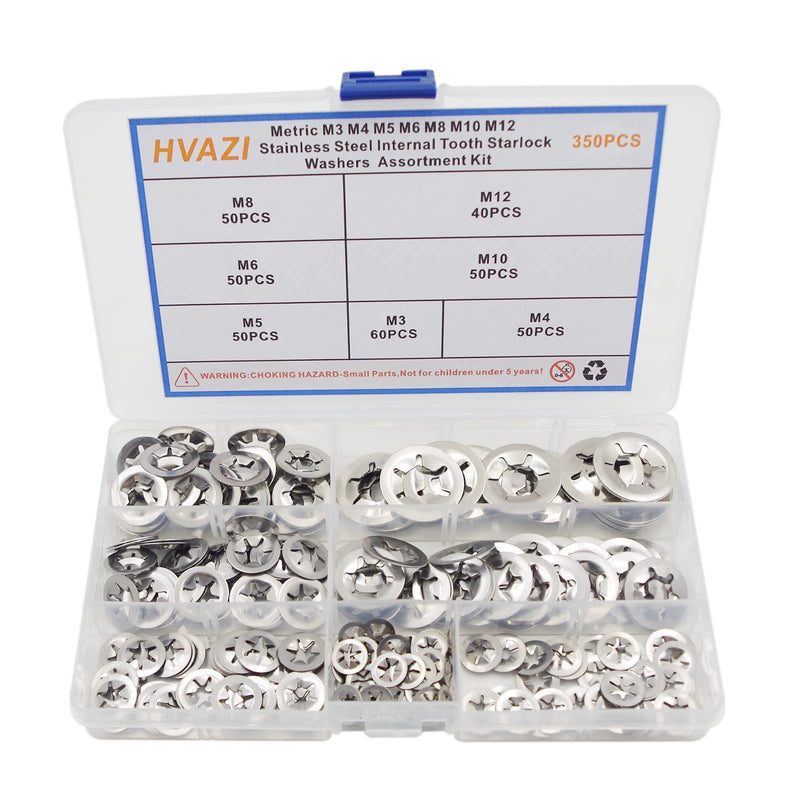 [Australia - AusPower] - 350PCS Metric M3 M4 M5 M6 M8 M10 M12 Stainless Steel Internal Tooth Starlock Washers Assortment Kit;External Push Rings;Push On Washers;Push Nuts for Unthreaded Shafts 