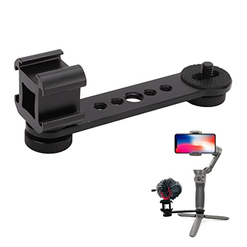 Triple Cold Shoe Mount, Gimbal Microphone Light Extension Bar Bracket Aluminium Alloy with 1/4in and 3/8in Screw Holes for OM 3/2, for Smooth 4, for Feiyu Gimbal Stabilizer(Black)