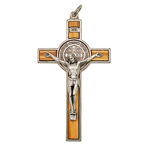 Saint Benedict Medal Crucifix Pendant | Silver-Tone Metal and Wood | Patron Saint of Students and Europe | Great Catholic Gift | Add to Necklace or DIY Rosary