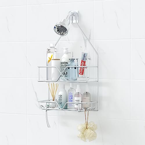 TreeLen rustproof stainless steel hanging shower caddy with 4 hooks, 2 shelves, and non-slip silver finish.