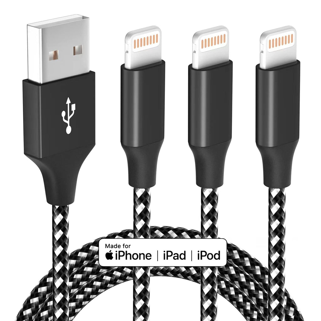 iPhone Charger Fast Charging Cord 3 Pack 10 FT Apple MFi Certified Lightning Cable Nylon Braided iPhone Charger Cord Compatible with iPhone 13 12 11 Pro Max XR XS X 8 7 6 Plus SE iPad and More BlackWhite