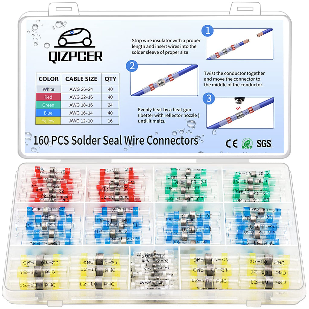 160 Pcs Solder Seal Wire Connectors Kit, Electrical Connectors Heat Shrink Wire Connectors Waterproof Electrical Cable Butt Terminals for Marine Automotive Trailer RV Boat Truck Wiring 160 PCS