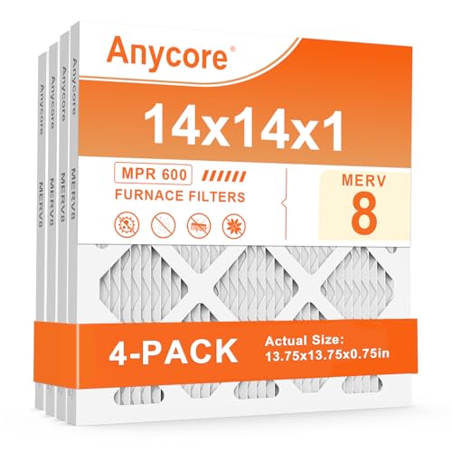 Anycore 14x14x1 MERV 8 furnace air filter 4-pack, pleated filter shown on white background