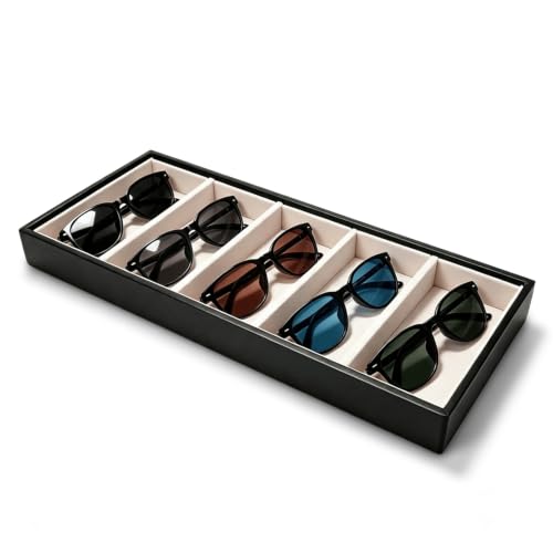 HERCHR 5 Grid Stackable Eyeglass Storage Holder Organizer, Sunglass Drawer Organizer Glasses Tray Display Case Box Eyeglasses Watches Jewelry Display for Dresser or Store Countertop Black