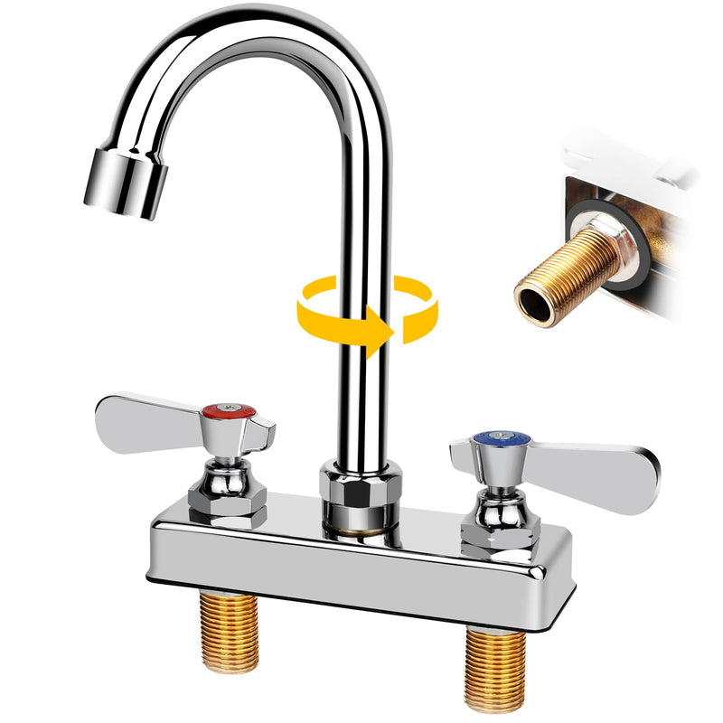Commercial Bar Sink Faucet 4 Inch Center Deck Mount, 3-1/2" Gooseneck Swivel Spout Hand Sink Faucet, 2 Hole Brass Constructed & Chrome Polished with Dual Lever Handles 4" Center 3-1/2" Spout