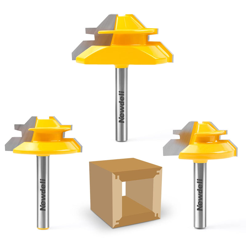 [Australia - AusPower] - Newdeli 45 Degree Lock Miter Router Bit 3-Piece Set, for 1/2”, 5/8”, 3/4” Cutting Height, 1/4 Inch Shank. Easy to Create Lock Miter Joint 1/4shank * 3PCS 