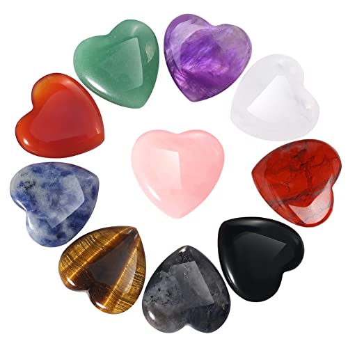10PCS Heart Shape Crystals Healing Stone Set Bulk Natural Love Heart Amethyst Rose Quartz Carnelian Tiger Eye Obsidian Labradorite Palm Reiki Meditation Crystal Gifts for Women 0.8" Multicolor-10pcs