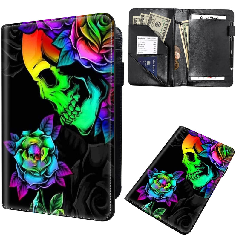 [Australia - AusPower] - Server Book for Waitress, Leather Waiter Book Server Wallet with Hidden Zipper Pocket Pen Holder Cute Waitress Book&Waitstaff Organizer with Money Pocket Fit Server Apron,Colorful Skull Rose Flower AUOX2-CDB-01-A214 5" x 8" Server Books 