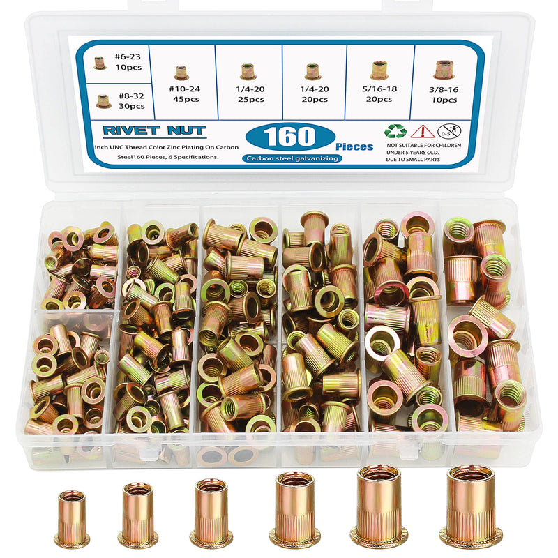 [Australia - AusPower] - 160Pcs Rivnuts Nutserts Kit, SAE Rivet Nuts Assortment UNC Threaded Riv Nut Sert, 1/4-20, 3/8-16, 5/16-18, 10-24, 8-32, 6-32 Carbon Steel SAE 