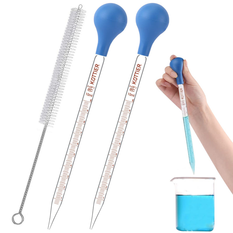 [Australia - AusPower] - 10ml Glass Pipettes Dropper, Lab Graduated Dropper for Liquid Essential Oil, Glass Transfer Pipette with Rubber Bulb and Cleaning Brush (2 pieces) 2 pieces 