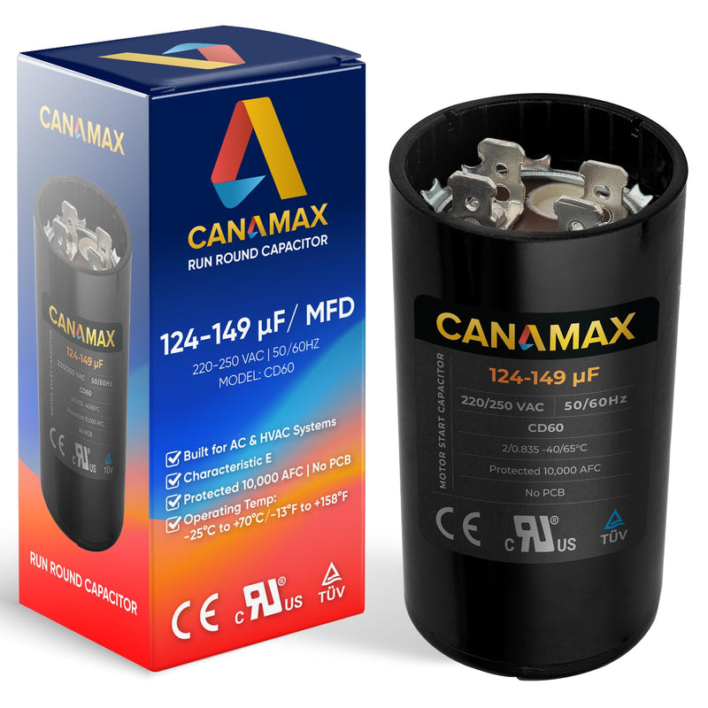[Australia - AusPower] - Canamax 124-149 uf/MFD 220-250VAC Round Run Start Capacitor - Replacement for AC Motor Run or Fan Start and Cool or Heat Pump Air Conditioner 