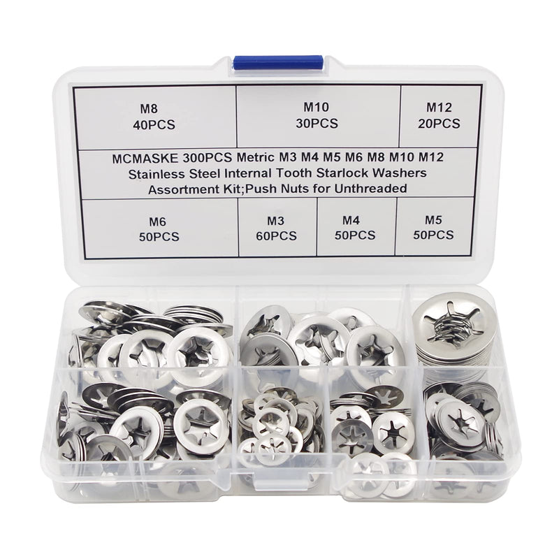 [Australia - AusPower] - 300PCS Metric M3 M4 M5 M6 M8 M10 M12 Stainless Steel Internal Tooth Starlock Washers Assortment Kit;External Push Rings; Push On Washers;Push Nuts for Unthreaded Shafts 