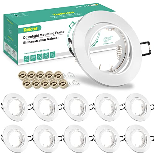 Tailcas Set of 10 Recessed Spotlights GU10 68-80 mm Hole Size Round Matt White | GU10 Recessed Frame 230V incl. GU10 Socket, 30° Swivel Recessed Spotlights and Ceiling Spotlights for LED/Halogen (Bulbs Not Included) Round, Matt White