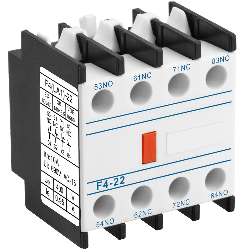 Heschen AC Contactor Auxiliary Contact Blocks F4-22 4 Pin 2NO 2NC Contacts Front Mount Screw Connector Fits CJX2 Series AC Contactors