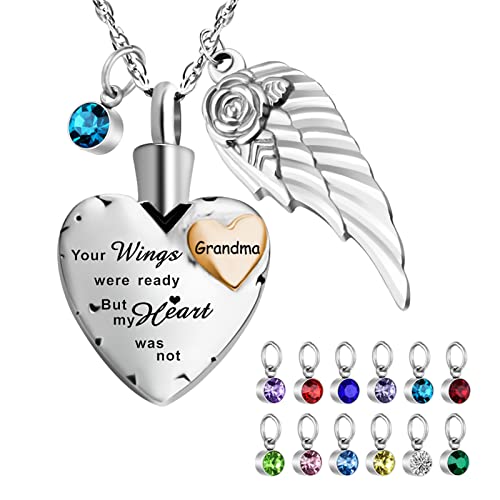 abooxiu Heart Urn Necklaces for Ashes with 12 Pcs Birthstones Cremation Necklace for Ashes Stainless Steel Cremation Jewelry - Your Wings Were Ready, But My Heart Was Not Grandma