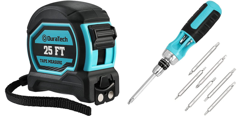 [Australia - AusPower] - DURATECH Magnetic Tape Measure 25FT with Fractions 1/8, Retractable Measuring Tape, Ratcheting Screwdriver, 12-in-1 Multi-bit Screw Drivers 