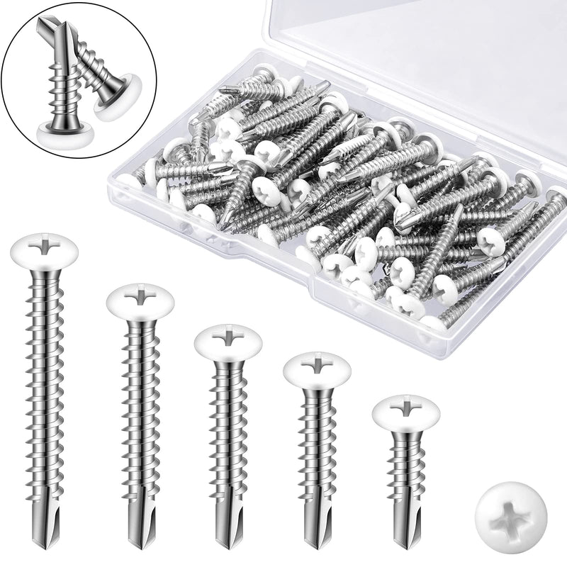 [Australia - AusPower] - 100 Pcs 5 Size #8 White Screws White Wood Screws White Pan Head Screws White Sheet Metal Screws Stainless Steel Screws Wall Plate Fast Self Tapping Screws Thread Truss for Switches Covers Replacement 