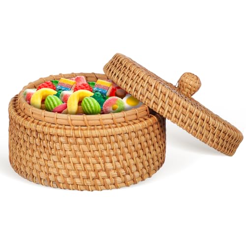 MAGICLULU Rattan Box with Lid Small Rattan Desktop Storage for Jewelry Snacks Bread and Sundries Woven Basket for Balcony Windowsill Dining Table Home Decor 5.59 X 5.51 X 3.07 in