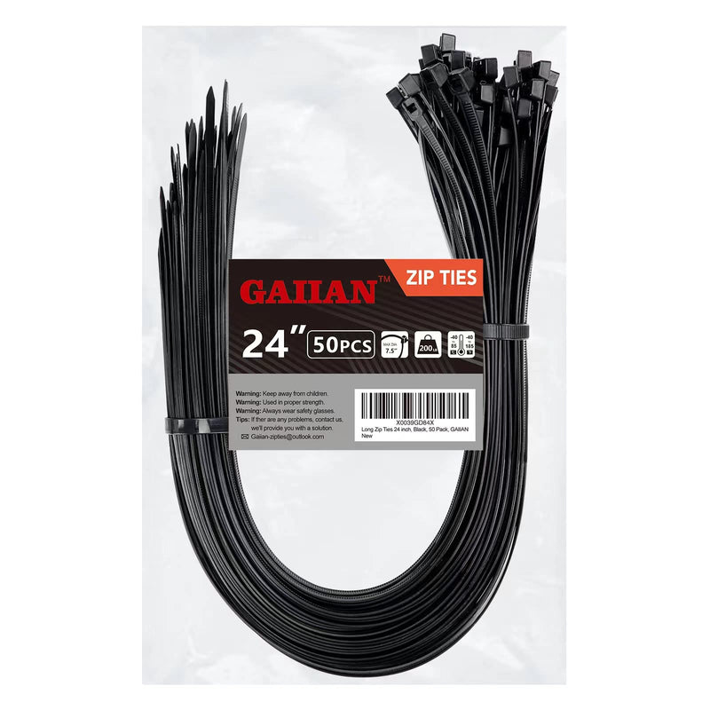 [Australia - AusPower] - Long Zip Ties Heavy Duty 24 inch, Large Zip Ties with 200 lbs Tensile Strength, Big Cable Ties, Black, 50 Pack, by GAIIAN 24" 200 lb (50 Pack) 