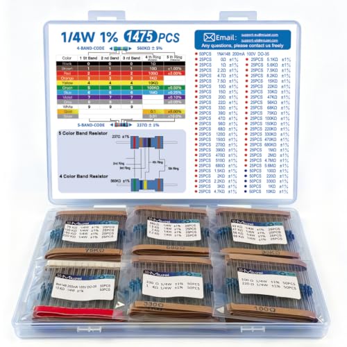 Miuzei 1/4 W Metal Film Resistor Assortment, 1475 Pieces, 52 Values ±1% | Set of 50 1N4148 diodes, 0Ω-5.6MΩ, ±1% tolerance, values grouped in labeled transparent bags, for repairs, hobbyists 0.25