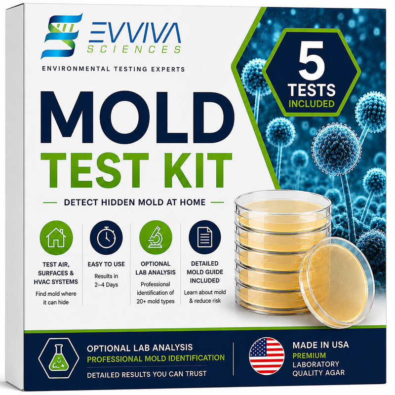 Evviva Sciences Mold Test Kit for Home - 5 Simple Detection Tests w/Optional Lab Analysis (Extra Fee), Test HVAC System, Home Surfaces, & Indoor Air Quality - Downloadable Mold Information Guide