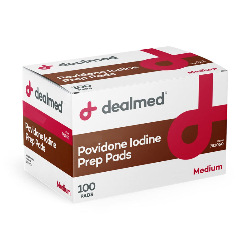 [Australia - AusPower] - Dealmed Povidone Iodine Prep Pad 10% - Individually Sealed Packets Perfect for Wound Care and Portable First Aid Kits, 100/Box (Pack of 1) Pack of 1 