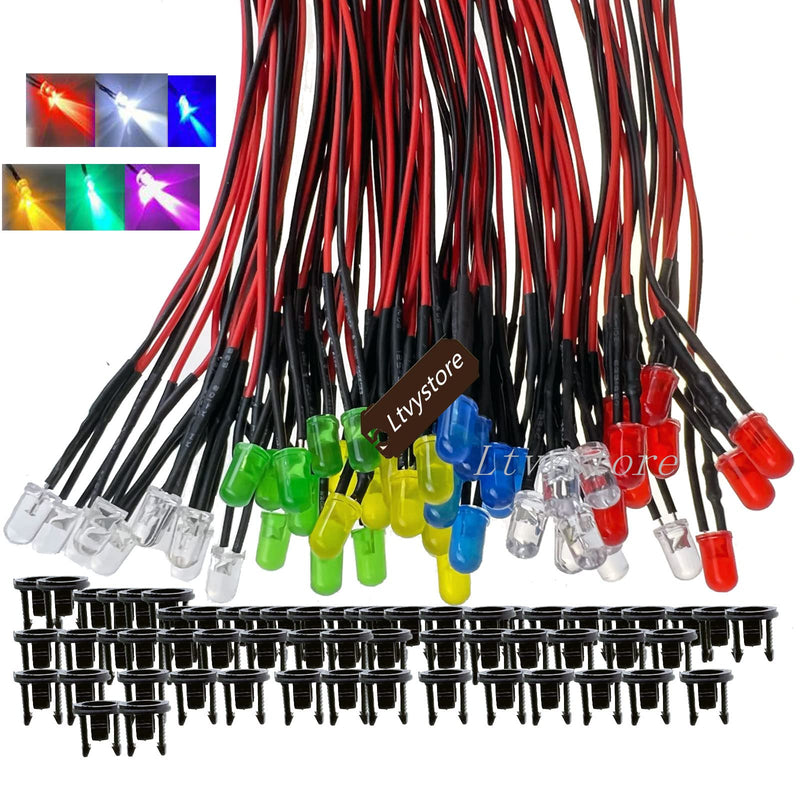 [Australia - AusPower] - 60Pcs 5MM 3Volt Prewired LED Diode 6 Colors LED Lamp Light Bulb Emitting Diodes + 60Pcs 5MM LED Clip Holder Panel Mount Black 5mm-6colors 