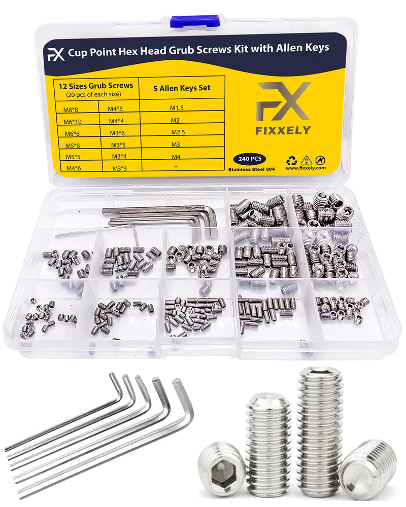 [Australia - AusPower] - Set Screws Assortment Kit - 240 (M3, M4, M5, M6, M8), Metric 304 SS Grub Screws Cup Point & Hex Head with 5 Allen Keys (M1.5-M4) - Ideal for Door Handles, Home Repairs and More 1 240 Pcs - M3,M4,M5,M6,M8 