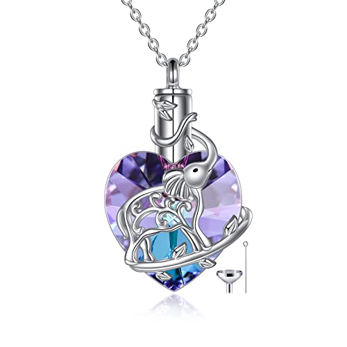 YFN Elephant Heart Crystal Urn Necklace for Ashes Cremation Jewelry Sterling Silver with Crystal Jewelry Gifts for Women Purple Pink