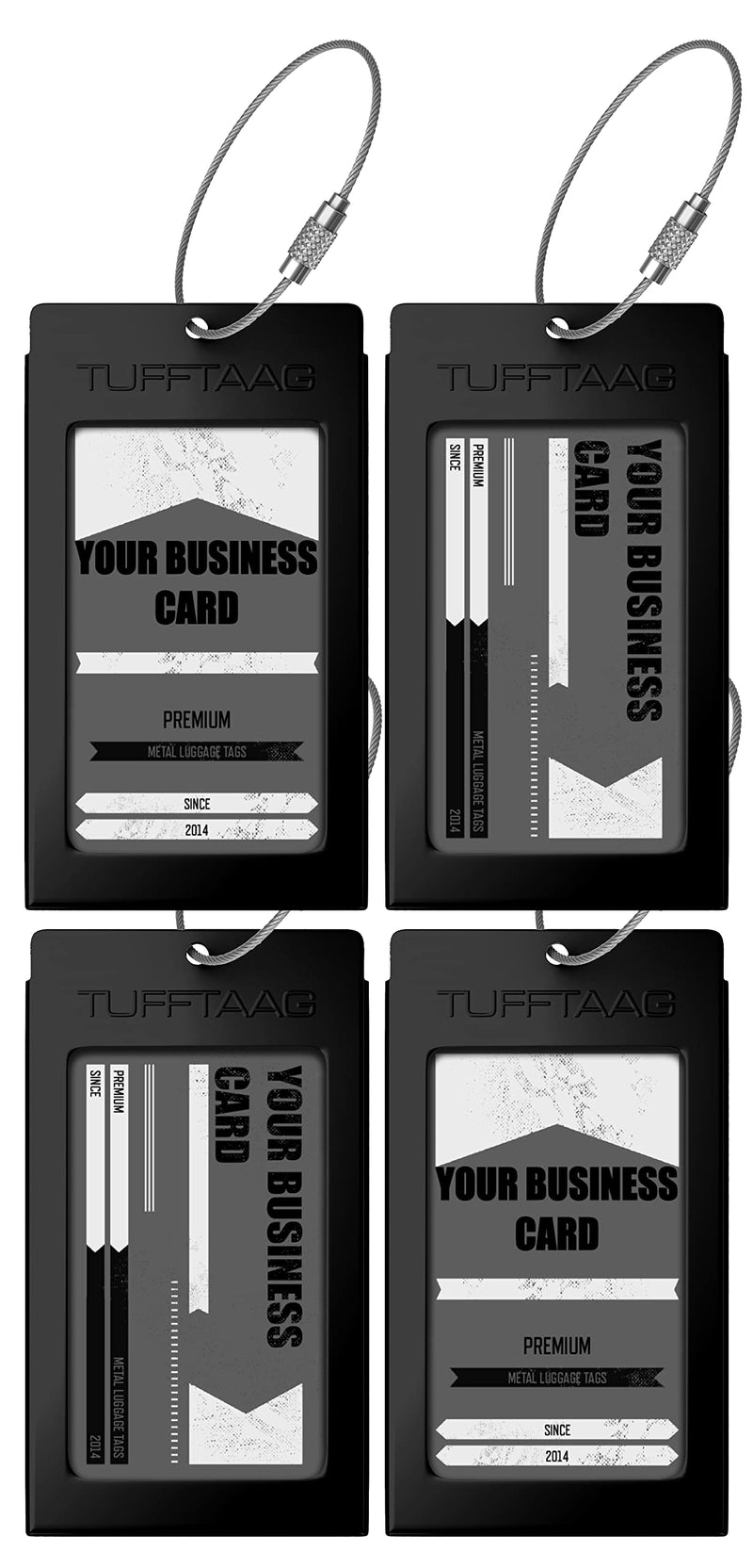 Luggage Tags Business Card Holder by TUFFTAAG - Durable Travel ID Bag Tag, SS-Black, 4 Pack 4pk Ss-black
