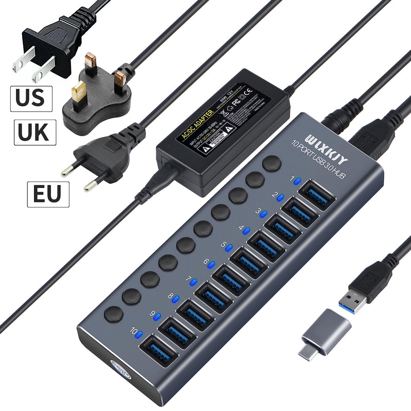 [Australia - AusPower] - Active USB Hub, WLXKJY Aluminum 10-Port USB 3.0 Hub with 10 USB 3.0 Data Transfer Ports, USB Splitter with Individual Switch and 60W (12V/5A) Power Adapter 