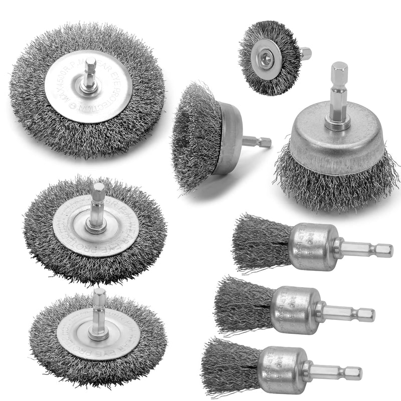 [Australia - AusPower] - Wire Brush for Drill Set 9Pcs,Abrasive Wire Wheel for 1/4 Inch Hex Shank, Wire Cup Brush for Drill, Coarse Crimped Carbon Steel Wire Brush Set for Removing Paint and Rust 9 PCS 