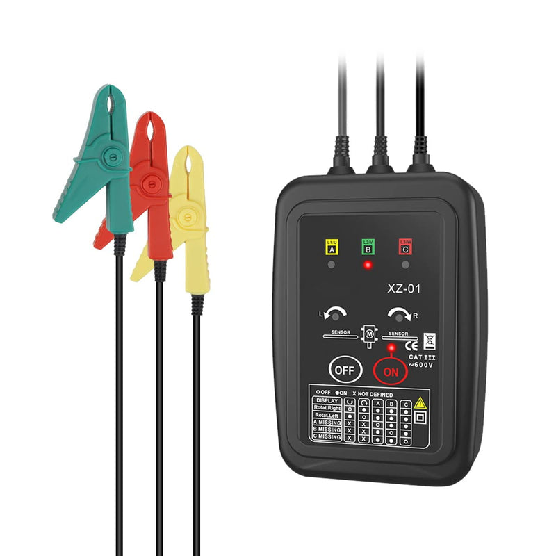 [Australia - AusPower] - Phase Rotation Meter Non-contact 3 Phase Rotation Meter AC 70~600V Phase Sequence Rotation Tester High Magnetic Induction Motor Rotation Meter Auto Power Off Phase Meter with LED,20"Clamp Lead,Handbag XZ-01 