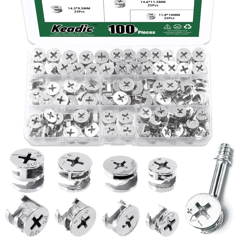 [Australia - AusPower] - Keadic 100 Pcs 4 Sizes Cam Locks for Furniture, 3-in-1 Eccentric Wheels, Furniture Cam Lock Nuts Furniture Connecting Cam Lock Fittings Assortment Kit for Wardrobe Drawer Closets Bed 