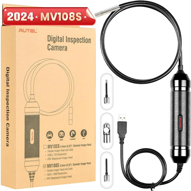 [Australia - AusPower] - Autel MaxiVideo MV108S Digital Inspection Camera, 2MP 1920x1080, Waterproof USB Endoscope, 8.5mm Ultra-Slim Borescope Snake Camera + LED Light, Work with Autel Scanner & PC, MV108 MV105S MV105 Upgrade 